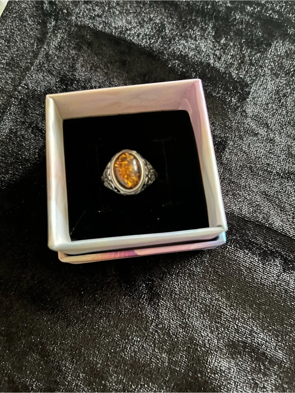 Sterling Silver Amber Ring with Intricate Design, size 7